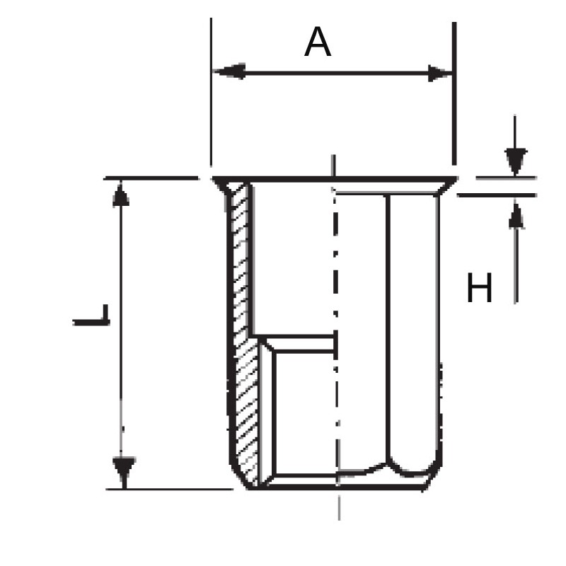 Ecrous à sertir, fût cylindrique lisse, ouvert, tête affleurante Matière Acier  zingué Taille M3x0.5 A ±0.3 (mm) 6 H +0.15/-0.0 (mm) 0.5 Sertissage 0.5-2.0  D +0.0/-0.1 (mm) 4.9 L ±0.4 (mm) 8.5 Ø du trou +0.1/-0.0 (mm) 5