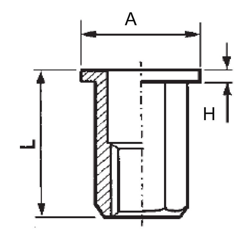 Hexagonal threaded insert, open end, flat head Matière Acier zingué